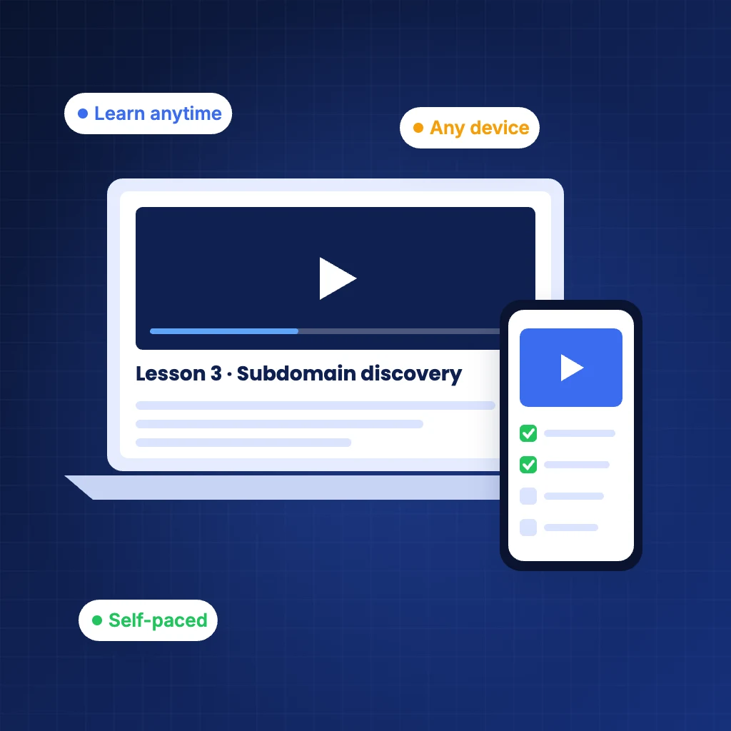 Illustration of a cybersecurity course playing on a laptop and phone: learn anytime, on any device, at your own pace