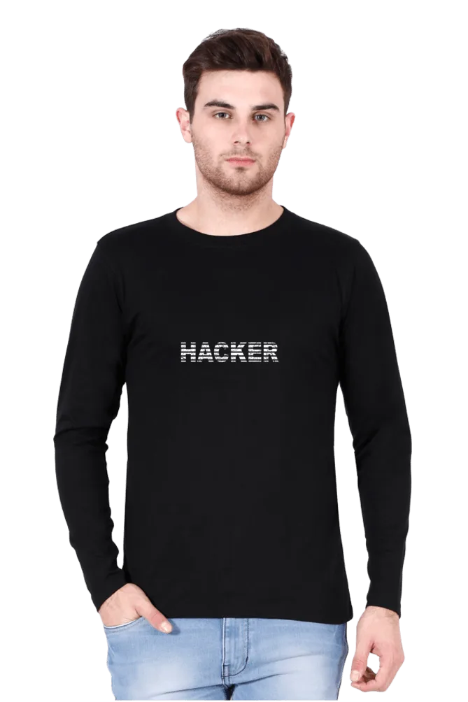 Men's Full Sleeve Double-Sided T-Shirt - Black | Hacker Design Front & Back – front view