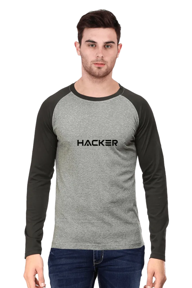 Men's Raglan Full Sleeve T-Shirt - Black & Charcoal | Digital Yoddha Hacker Design – front view