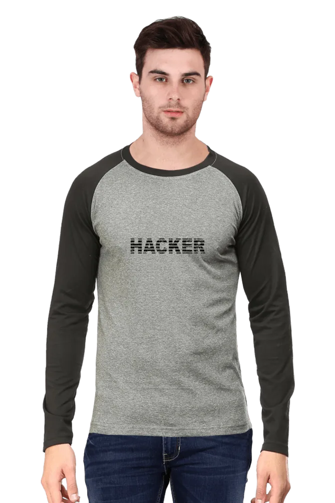 Men's Raglan Full Sleeve T-Shirt - Black & Charcoal | Hacker Design – front view